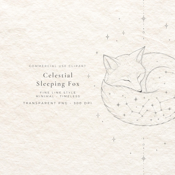 Celestial Sleeping Fox PNG, Fox Curled in Stars Fine Line Art Digital Download, Mystical Woodland Clipart, Cottagecore Wall Art File