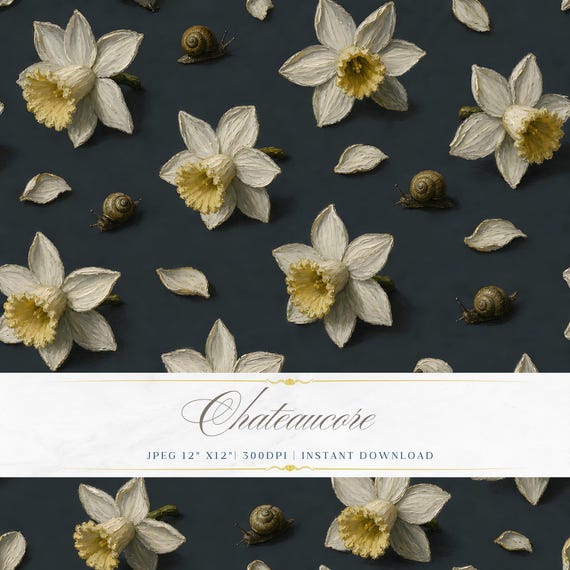Narcissus Seamless Pattern JPEG Oil Painting Digital Paper White Floral Chateaucore Instant Download