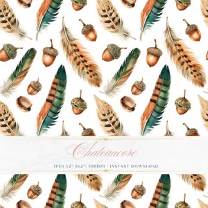 Puede incluir: Patrón de acuarela con plumas y bellotas en tonos marrón, verde y naranja sobre fondo blanco. El diseño incluye varios estilos de plumas e ilustraciones detalladas de bellotas, creando un tema natural y otoñal.
