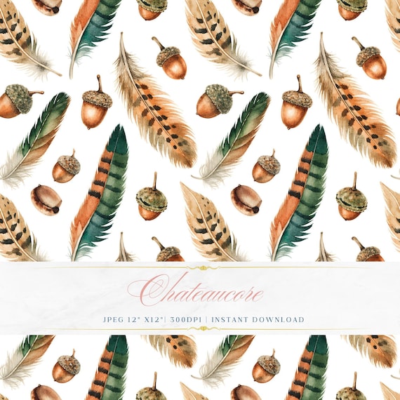 Woodland Feather Acorn Watercolor Pattern, Forest Digital Paper, Autumn Seamless Tile