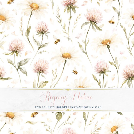Romantic Nature Wallpaper PNG Seamless Botanical Watercolor Pattern Feminine Decor