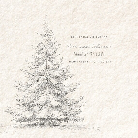 Elegant Christmas Tree Clipart, Minimal Line Drawing Tree, Modern Holiday PNG, Neutral Winter Decor