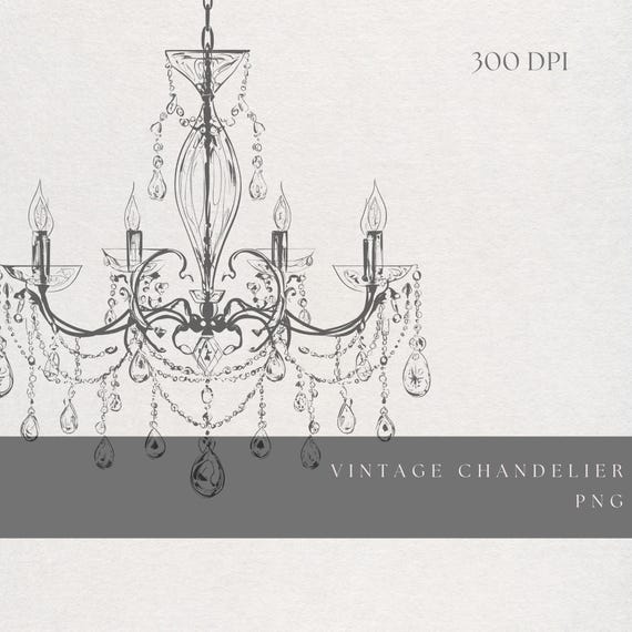 Fine Line Vintage Crystal Illustration |Chandelier Clipart PNG |  Transparent Background | Digital Download Elegant Chandelier Art