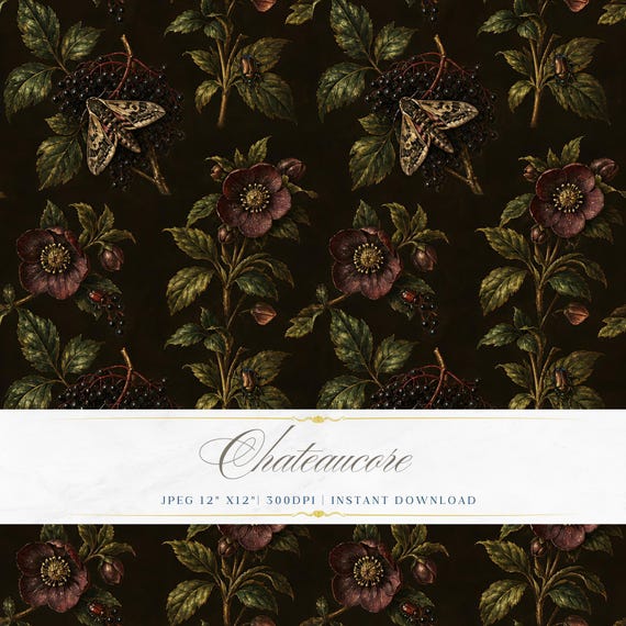 Dark Moth Botanical Seamless Pattern JPEG Oil Painting Chateaucore Witchy Digital Paper Download