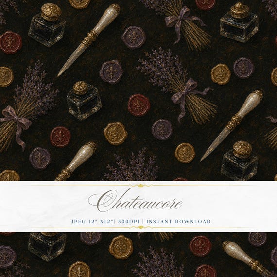 Quill Wax Seal Seamless Pattern JPEG Oil Painting Dark Stationery Chateaucore Digital Download