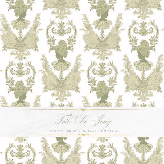 Olive Green Toile de Jouy Pattern | Baroque Floral Art (Digital Download)