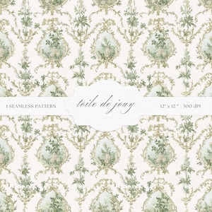 May include: A seamless pattern featuring a toile de jouy design with a white background and green and gold floral motifs. The pattern is 12 inches by 12 inches and 300 DPI.