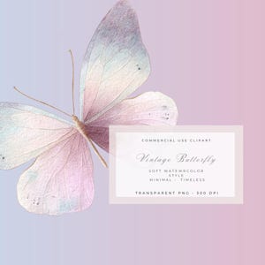 May include: Watercolor illustration of a butterfly with soft pink, purple, and blue hues. The butterfly has delicate wings and a detailed body. Text on the image reads "Vintage Butterfly" and "Commercial Use Clipart".