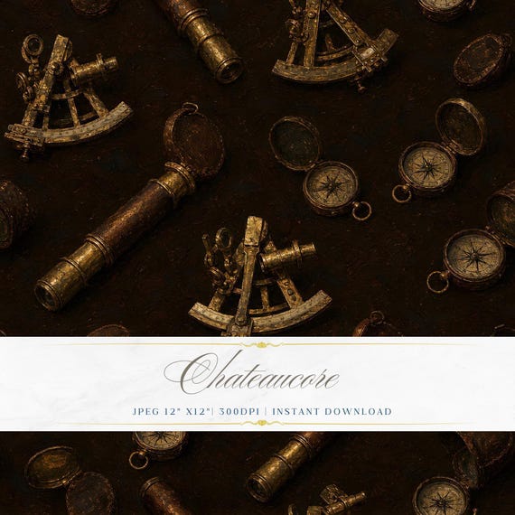 Navigational Instrument Seamless Pattern JPEG Oil Painting Sextant Compass Chateaucore Download