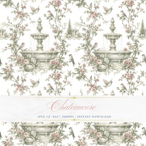 May include: A seamless pattern featuring a repeating design of ornate fountains, birds, and floral branches in soft pink and green hues on a white background. The text "Chateaucore" is displayed in elegant script.