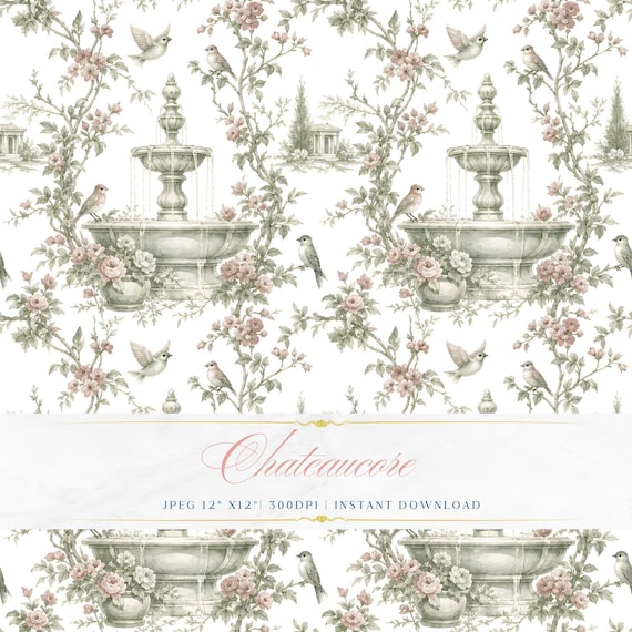 Garden Fountain Watercolor Seamless Pattern, French Toile Digital Paper, Château Tile