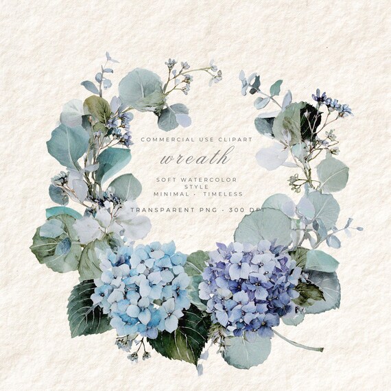 Hydrangeas Wreath PNG Clipart, Floral Transparent Background Digital Art, Easter Card Design Commercial Use, Instant Download