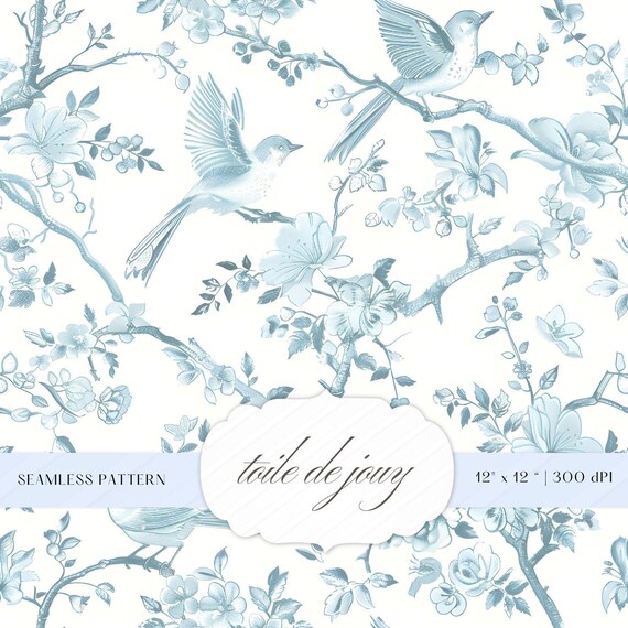 Chinoiserie Birds Toile de Jouy Seamless Pattern (JPEG Instant Download)