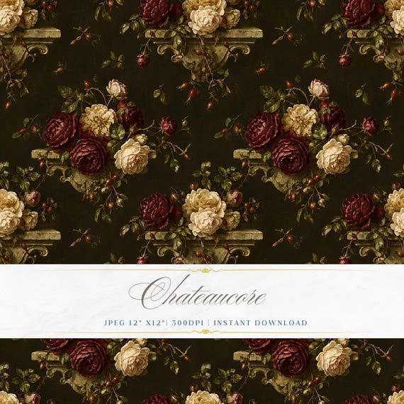 Dark Mixed Floral Seamless Pattern, Old Masters Botanical Digital Paper, Baroque Garden Tile