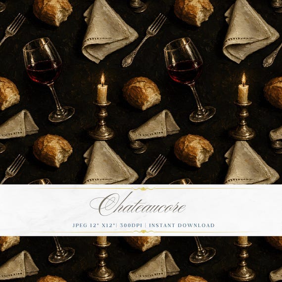 Dark Candlelit Dinner Seamless Pattern, Baroque Feast Digital Paper, Antique Table Tile