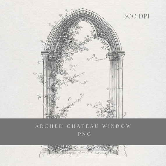 Arched Chateau Window Clipart PNG | Fine Line Gothic Arch Illustration | Transparent Background | Digital Download Romantic Architecture Art