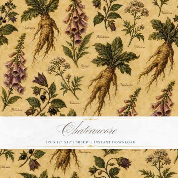 Apothecary Herb Root Seamless Pattern, Herbalism Digital Paper, Antique Botanical Tile