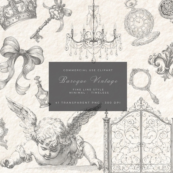 Baroque Vintage Clipart PNG Bundle | 41 Fine Line Illustrations Antique Mirror Clock Crown Chandelier Regency Ornate Transparent 300 DPI