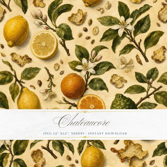 Citrus Seamless Pattern JPEG Oil Painting Digital Paper Lemon Orange Chateaucore Instant Download