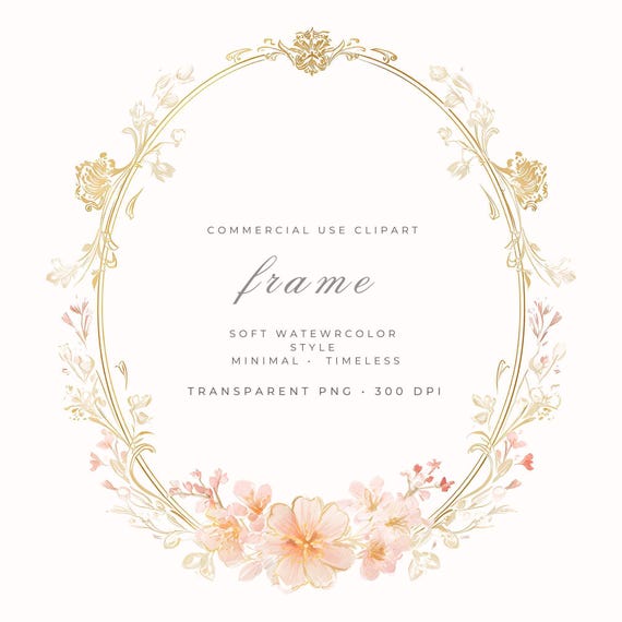 Gold Floral Oval Frame PNG, Wedding Frame Clipart, Elegant Botanical Border, Romantic Blush Flowers Frame, Printable Invitation Frame