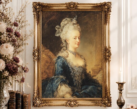 Rococo Noblewoman Portrait Wall Art | Blue Silk Diamond Gown Oil Painting | French Aristocrat Decor Digital Download