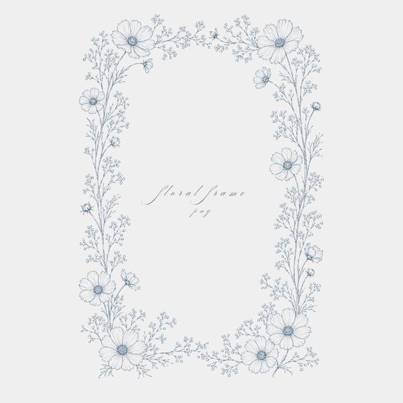 Cosmos Baby Breath Frame PNG | Fine Line Pencil Clipart | Wedding Stationery | Transparent | 300 DPI