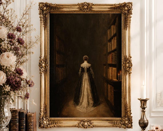 Baroque Court Lady Wall Art | Dark Library Corridor Oil Painting | Candlelit Victorian Gown Decor Digital Download