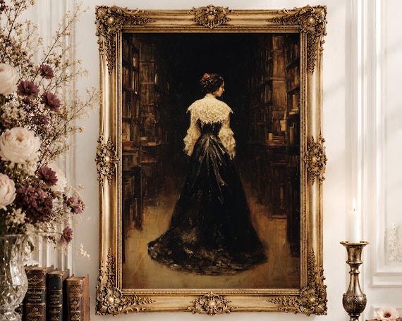 Victorian Library Woman Wall Art | Black Lace Gown Oil Painting Print | Dark Academia Corridor Decor Digital Download