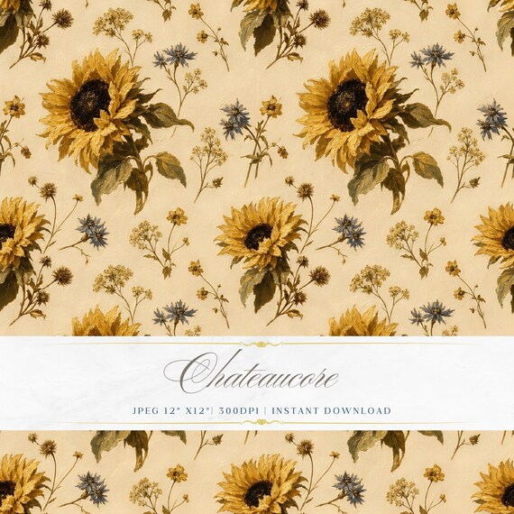Antique Sunflower Seamless Pattern, Warm Golden Botanical Digital Paper, Vintage Floral Tile