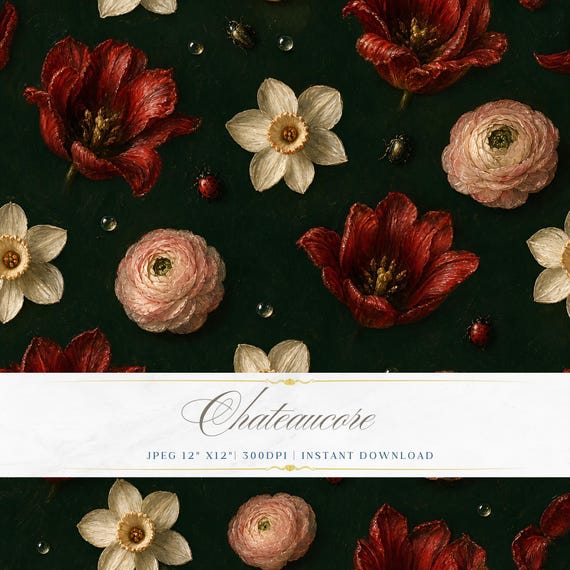 Dark Floral Seamless Pattern JPEG Oil Painting Tulip Ranunculus Chateaucore Digital Download