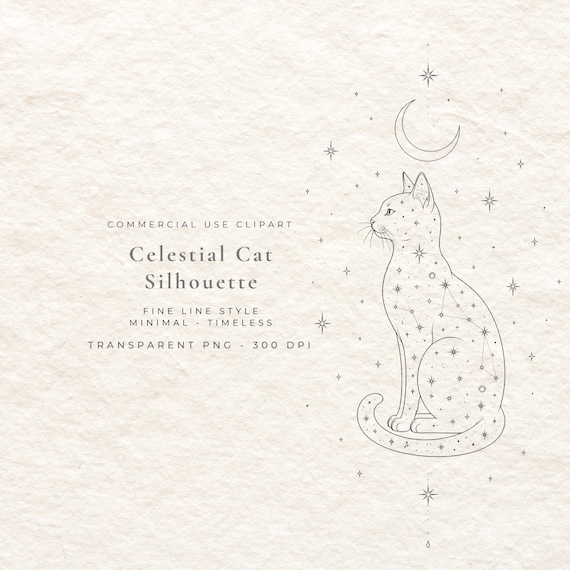 Celestial Cat Silhouette PNG, Moon Cat Line Art Digital Download, Witchy Black Cat Clipart, Mystical Boho Wall Art Printable File
