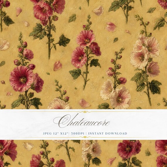 Hollyhock Seamless Pattern JPEG Oil Painting Digital Paper Floral Chateaucore Vintage Instant Download