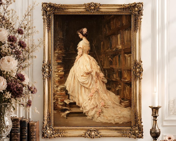 Regency Ballgown Library Wall Art | Blush Rose Gown Oil Painting Print | Romantic Feminine Victorian Decor Digital Download