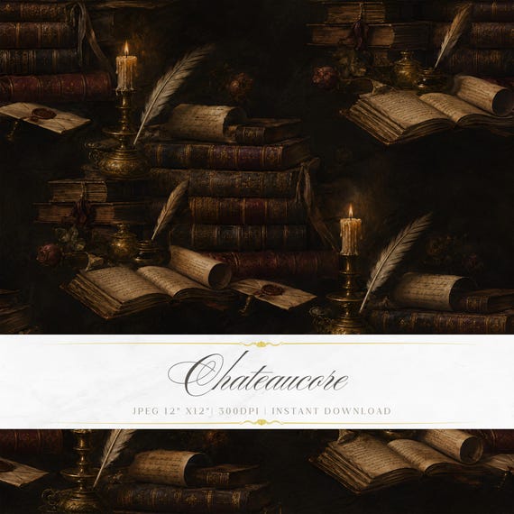 Dark Academia Digital Paper, Antique Library Seamless Pattern, Vintage Books Wallpaper, Moody Printable Paper, Literary Background JPG