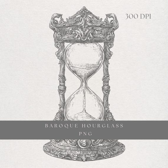 Hourglass Clipart PNG | Fine Line Baroque Timepiece Illustration | Transparent Background | Digital Download Antique Sand Timer Art