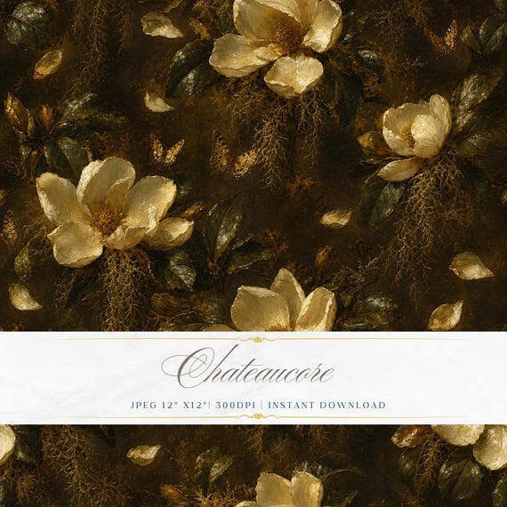 Dark Magnolia Seamless Pattern JPEG Oil Painting Floral Chateaucore Botanical Digital Download