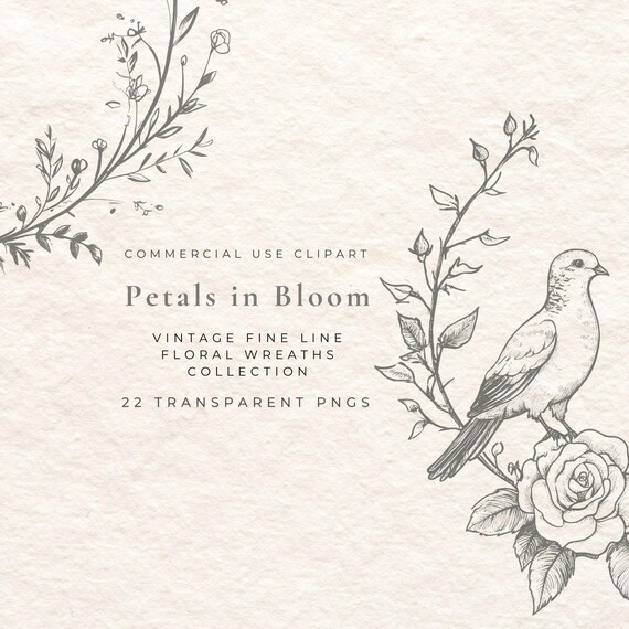 Floral Wreath Clipart | Fine Line Hand-Drawn PNGs | Vintage | Logo Design, Invitations, Branding, Wedding