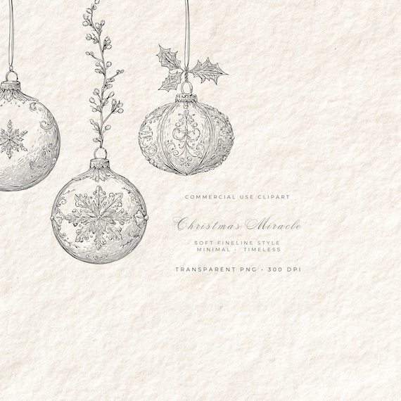 Christmas Ornament Clipart Bundle PNG, Minimal Line Art Baubles, Elegant Holiday Decorations, Vintage Ornament Set, Transparent PNG
