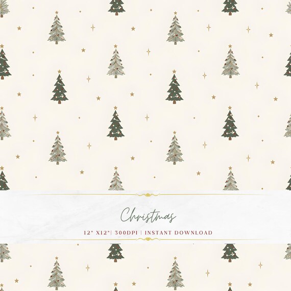 Minimal Christmas Tree Pattern, Simple Holiday Digital Paper, Elegant Tree Seamless Design, Cream Gold Scrapbook, 300 DPI Commercial Use