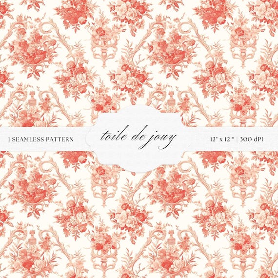 Red Toile De Jouy Pattern | Floral Baroque Art (Digital Download)