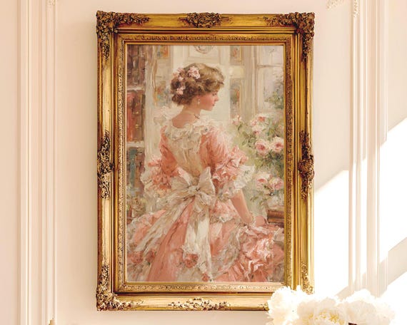 Vintage Romantic Portrait in Pastel Tones - Edwardian Era Woman in Tea Gown, Feminine Floral Art, Soft Impressionist Printable Download