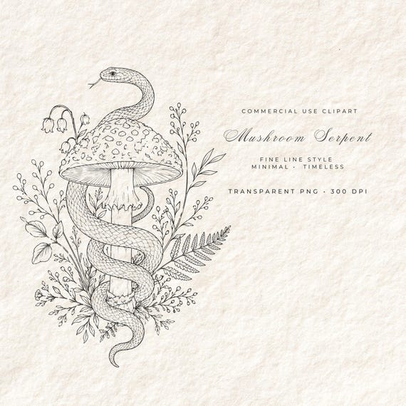 Mushroom Serpent Clipart PNG | Fine Line Snake & Botanical Illustration | Dark Cottagecore Art | Transparent Background | Digital Download