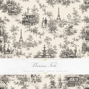 May include: A black and white Parisian toile pattern featuring iconic landmarks like the Eiffel Tower, fountains, and street scenes. The design includes floral accents and figures, creating a classic, romantic aesthetic. The text "Parisian Toile" is displayed at the bottom.