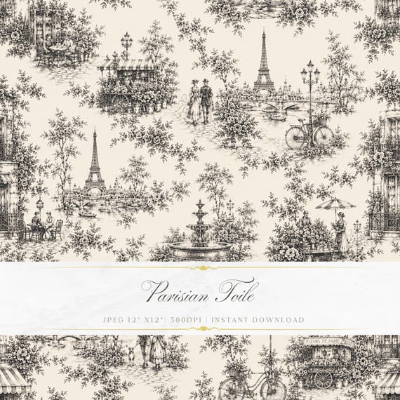 Parisian Toile de Jouy Seamless Pattern | Eiffel Tower Vintage Wallpaper | Elegant French Café Digital Paper | Monochrome Paris Pattern