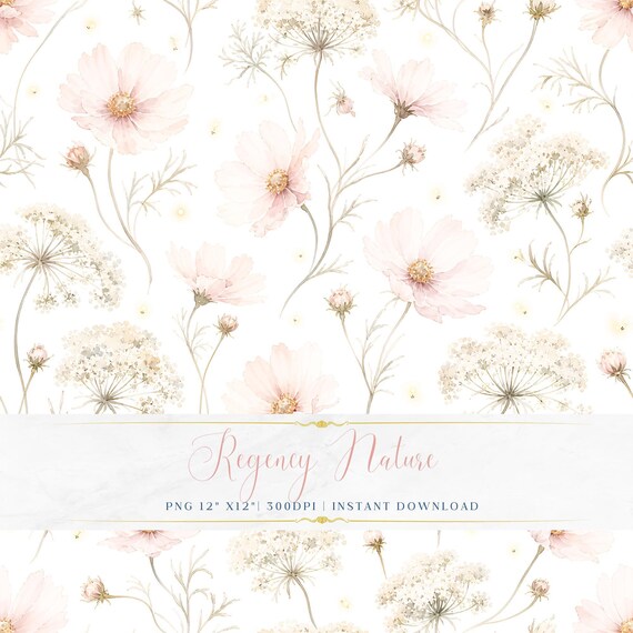 Vintage Floral Wallpaper PNG Romantic Seamless Watercolor Pattern Printable Digital Paper