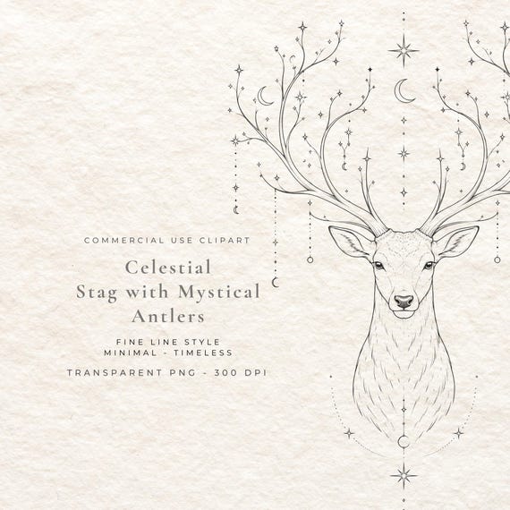 Celestial Stag PNG, Mystical Antler Fine Line Art Digital Download, Woodland Deer Clipart, Dark Academia Wall Art Printable File