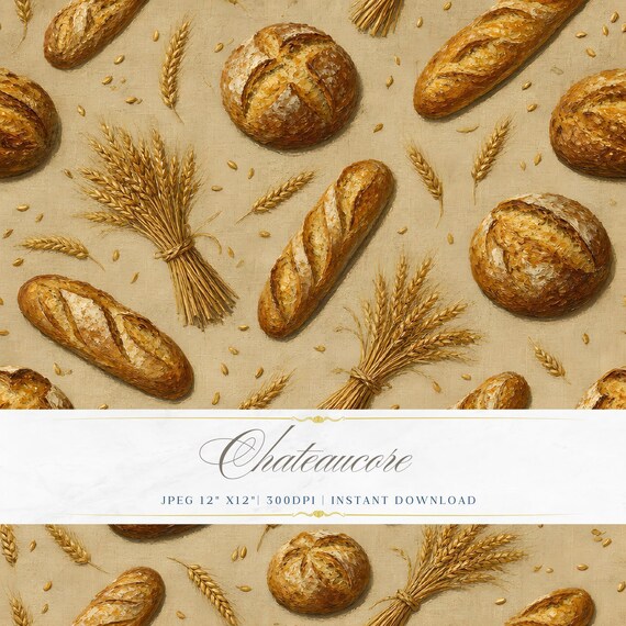 Bread Wheat Seamless Pattern JPEG Oil Painting Digital Paper French Kitchen Chateaucore Instant Download