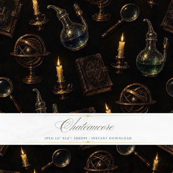 Alchemical Objects Seamless Pattern JPEG Oil Painting Dark Digital Paper Academia Chateaucore Download