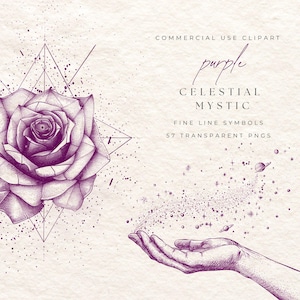 May include: Purple celestial mystic fine line symbols clipart set with 57 transparent PNGs. The image shows a hand reaching out to a rose with a geometric design and a trail of stars and planets.