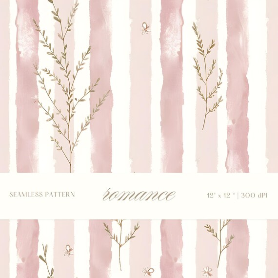Blush Stripe Floral Seamless Pattern, Vintage Botanical Vertical Stripes, Soft Neutral Watercolor Fabric Design, Feminine Wallpaper Print